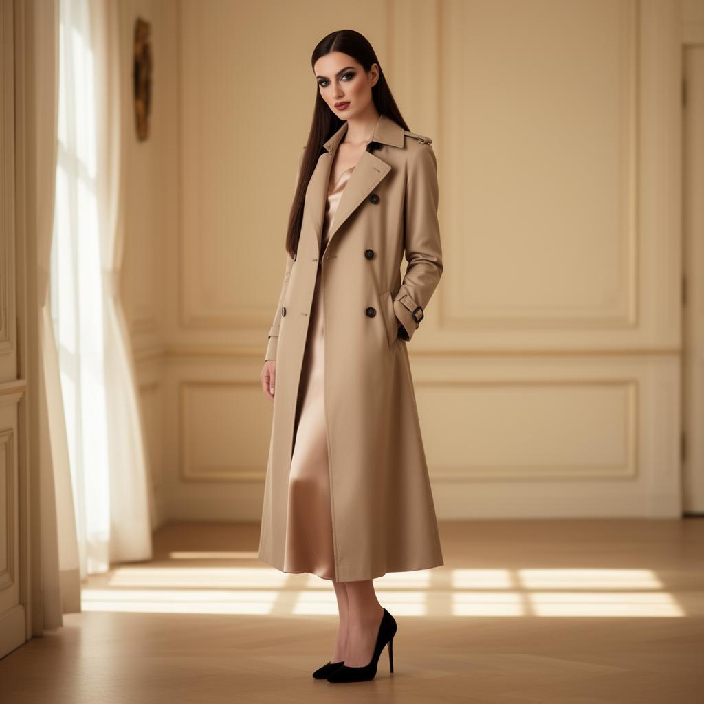 Sophisticated brunette woman in trench coat with black stilettos
