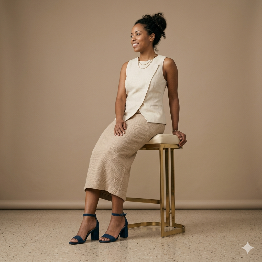 Smiling woman in beige vest and skirt seated on a gold stool wearing navy blue block-heel sandals