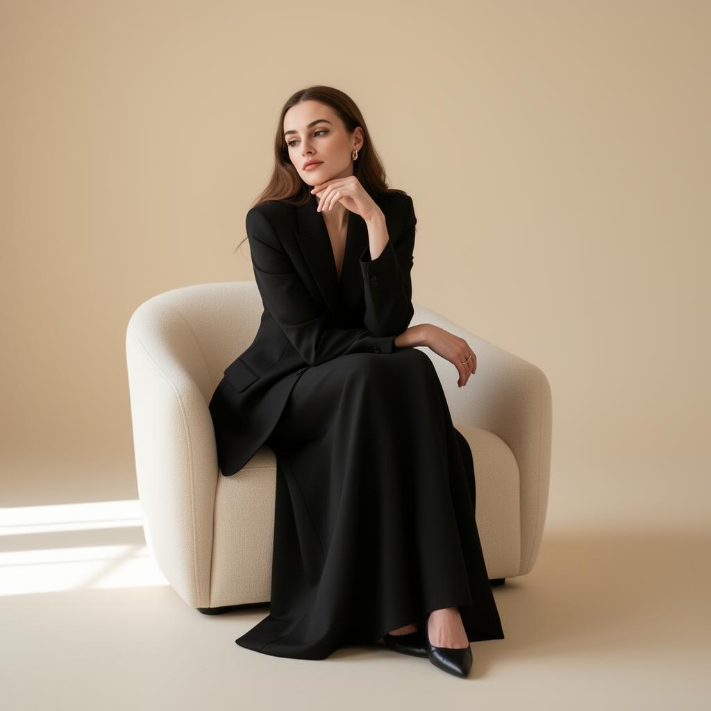 Elegant woman wearing high heels on a cream-colored armchair